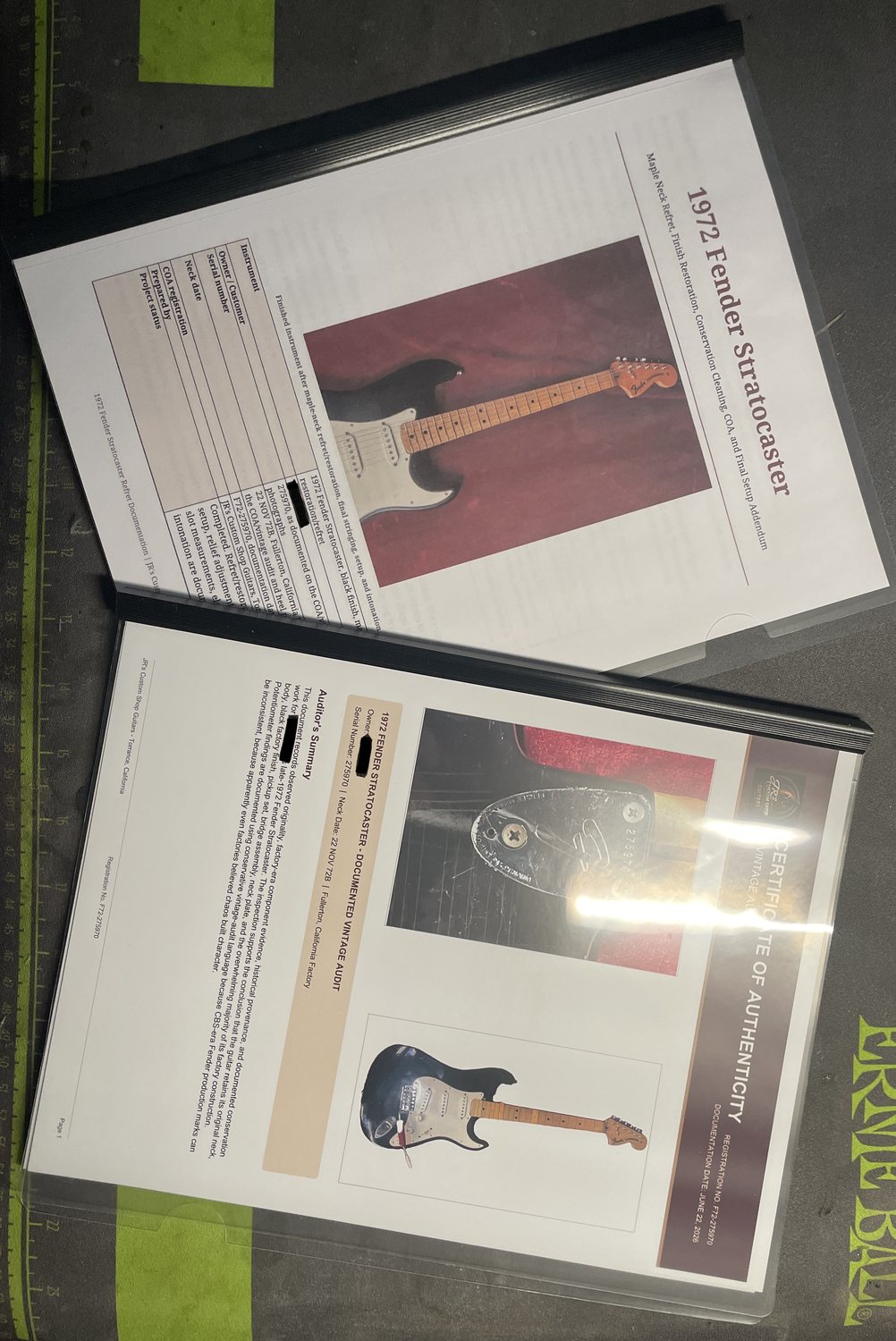 1972 Fender Stratocaster final documentation and COA in redacted presentation folders