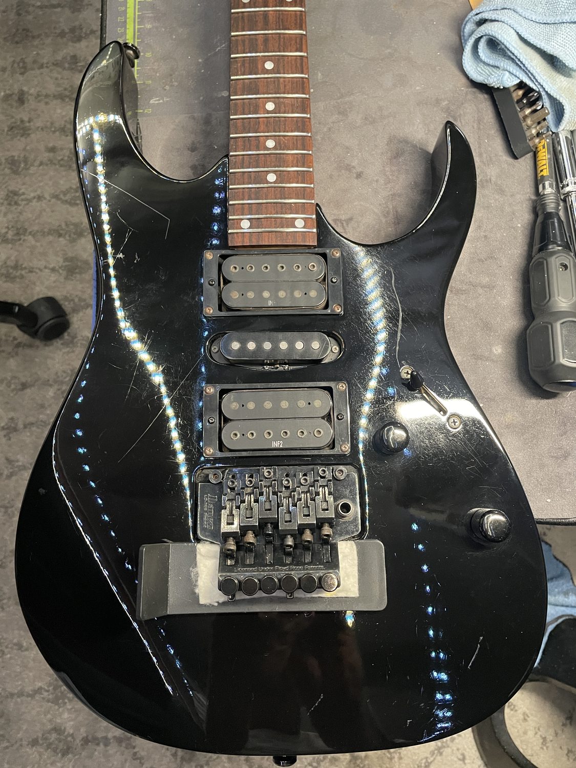 Finished black 1997 Ibanez RG470 after restoration