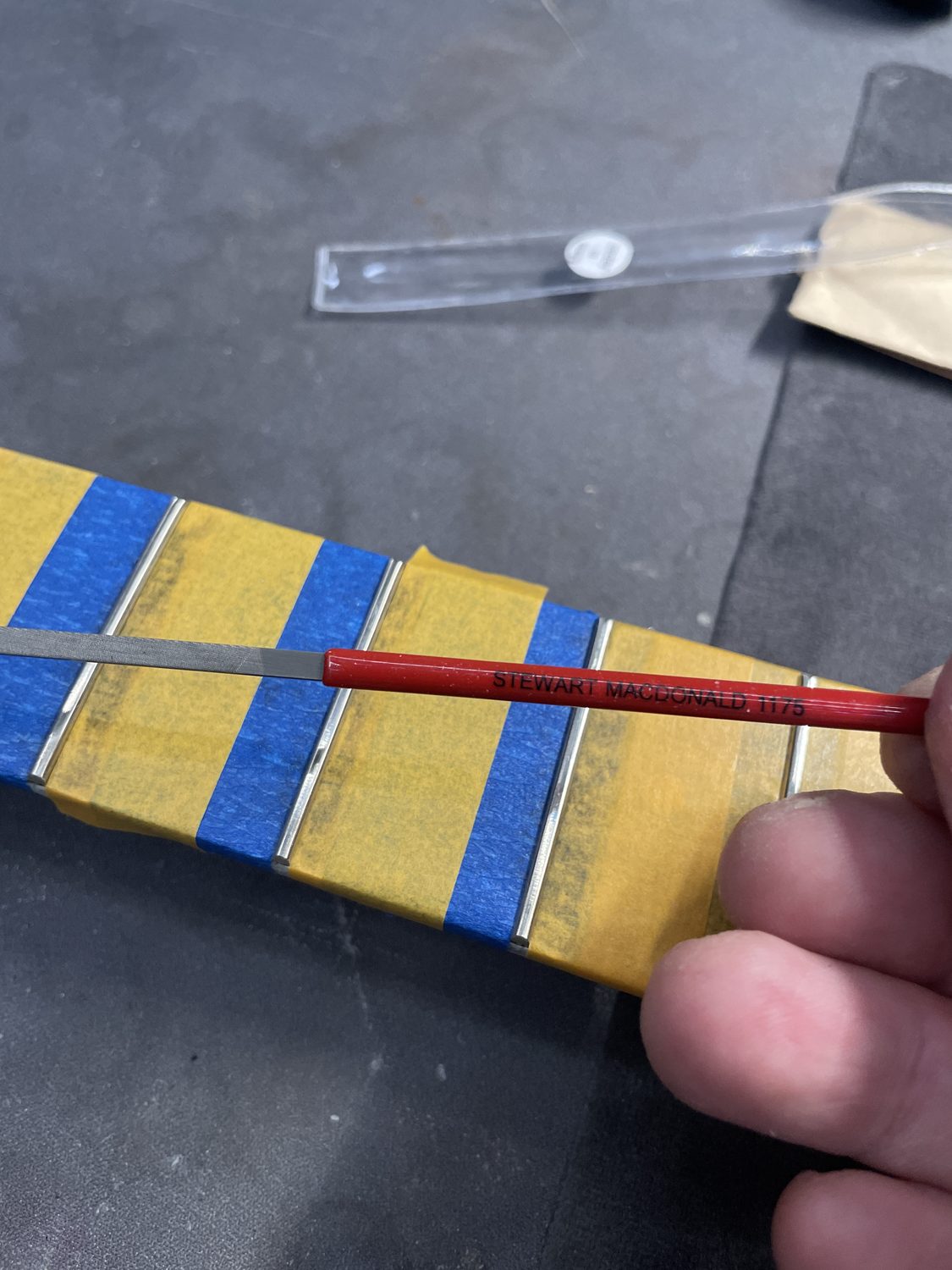 Ibanez RG470 fret crowning in progress
