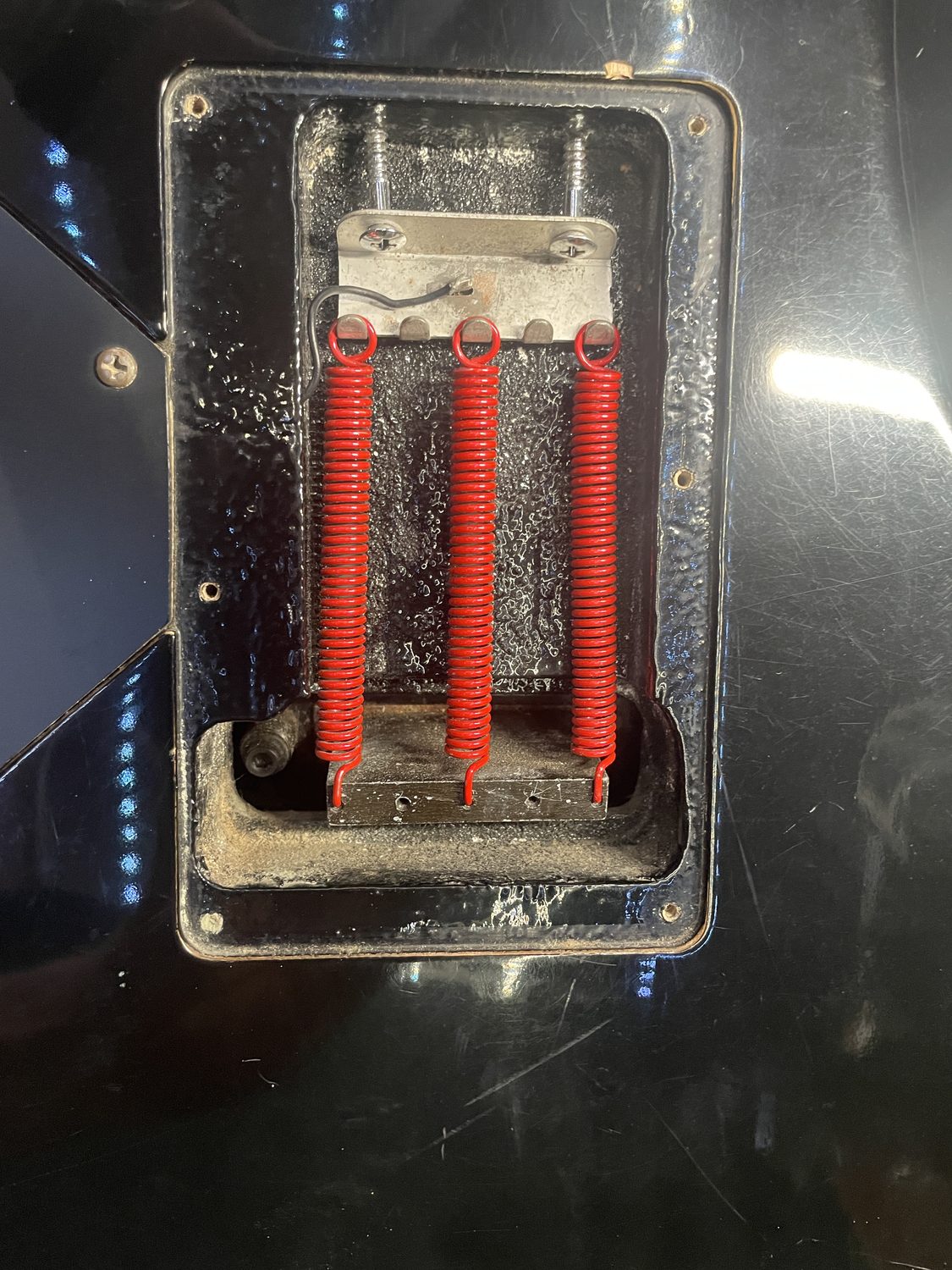 Ibanez RG470 tremolo cavity before service